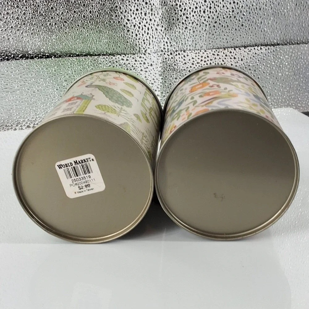 World Market Set of 2 Metal Tea Tins Hummingbird Garden Peacock
